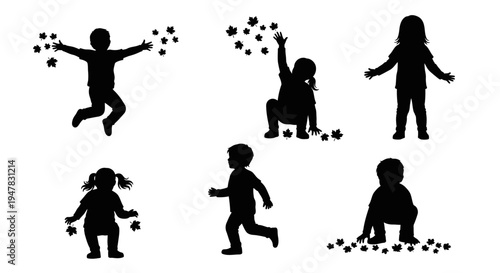 Children Silhouettes Playing with Autumn Leaves - Set of 6 Poses