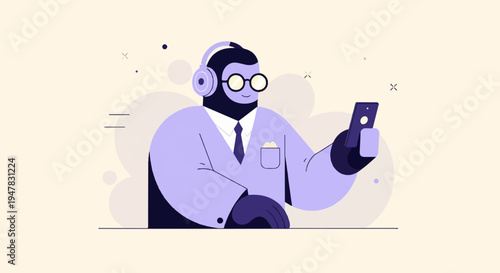 Stylized cartoon ape in lab coat with headphones and glasses holds phone