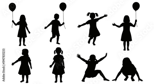 Children Silhouettes Playing with Balloons, Diverse Poses