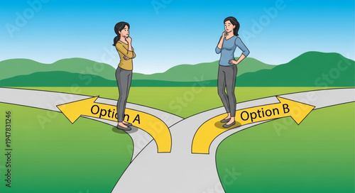 Two people at crossroads decision.