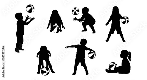 Children Silhouettes Playing with Balls - Diverse Poses and Activities