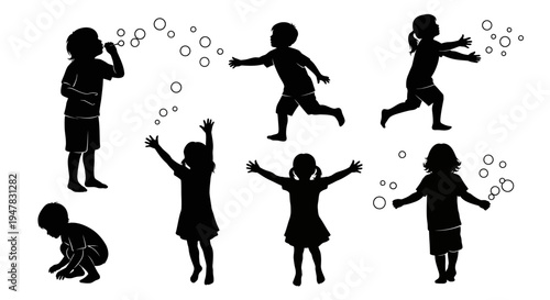 Children Silhouettes Playing with Bubbles Outdoors