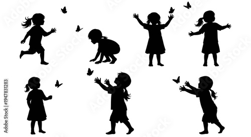 Children Silhouettes Playing with Butterflies in Nature