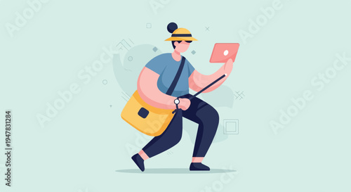 Person with hat and bag looks at tablet