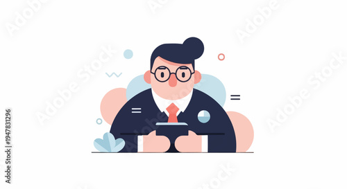 Stylized cartoon businessman in a suit and tie holds a phone
