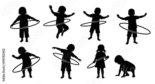 Children Silhouettes Playing with Hula Hoops: Diverse Poses and Activities
