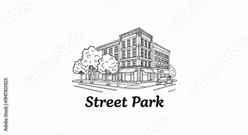 Sketch of a corner building with trees and a car on a street