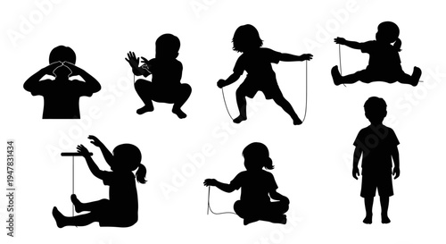 Children Silhouettes Playing with Jump Ropes and Toys, Diverse Poses