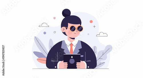 Stylish person in a suit with glasses holding a tablet