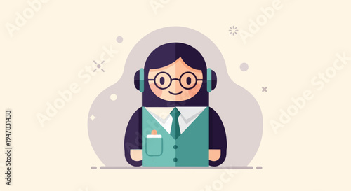 Stylized cartoon character wearing headphones and business attire