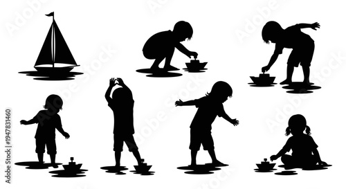 Children Silhouettes Playing with Paper Boats and Sailboat in Water