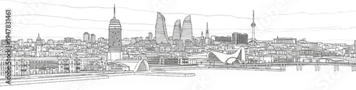 Sketch of a modern city skyline with diverse architecture along a waterfront