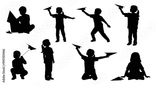 Children Silhouettes Playing with Paper Airplanes, Imagination and Childhood Fun