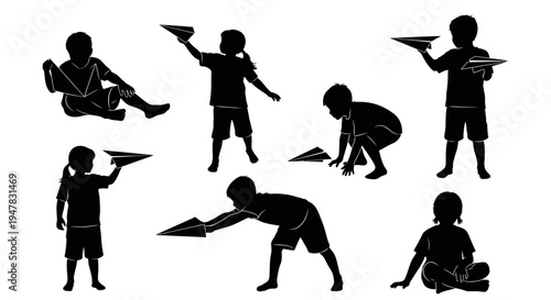 Children Silhouettes Playing with Paper Airplanes, Diverse Poses