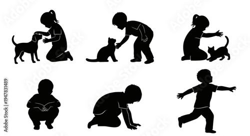Children Silhouettes Playing with Pets and Exploring, Diverse Poses