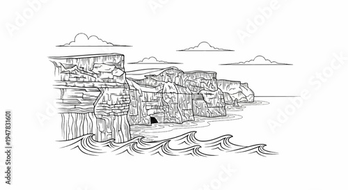 Sketch of dramatic seaside cliffs with waves crashing below