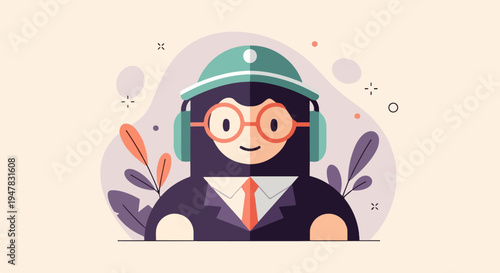 Stylized cartoon character with headset, glasses, and suit