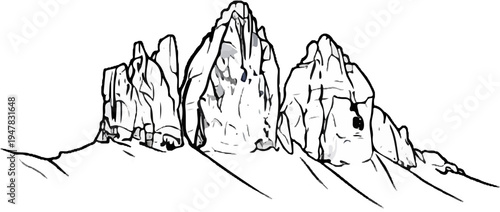 Sketch of sharp, jagged rock formations rising from a barren, sloping landscape
