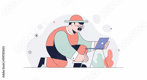 Person with hat and glasses working on laptop, modern flat illustration