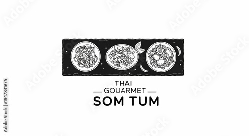 Sketch of three gourmet Thai dishes on a textured plate, text below