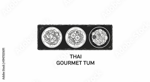 Sketch of three servings of Thai food on a slate