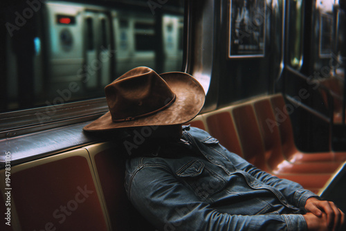 man in cowboy hat sleep in metro