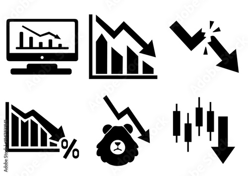 bear market stock crash icon set with falling graphs, economic recession and financial crisis vector