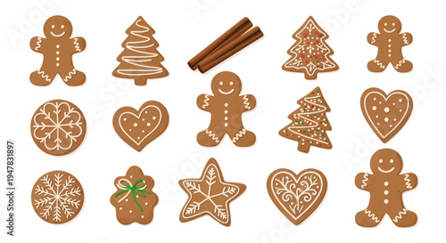 Christmas Gingerbread Cookies Collection with Cinnamon Sticks on White Background