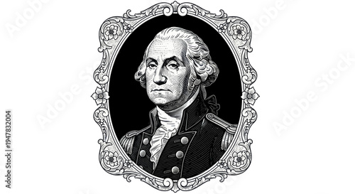 George Washington Portrait Illustration, American Founding Father in Ornate Oval Frame