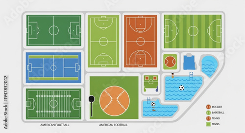 Sports Complex Layout Featuring Various Fields and Courts.