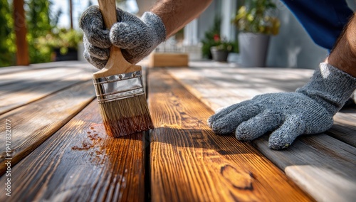 Close-up of hands in gloves applying wood stain to an outdoor deck with a brush.