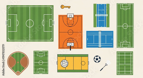 Variety of Sports Fields and Equipment Illustration.