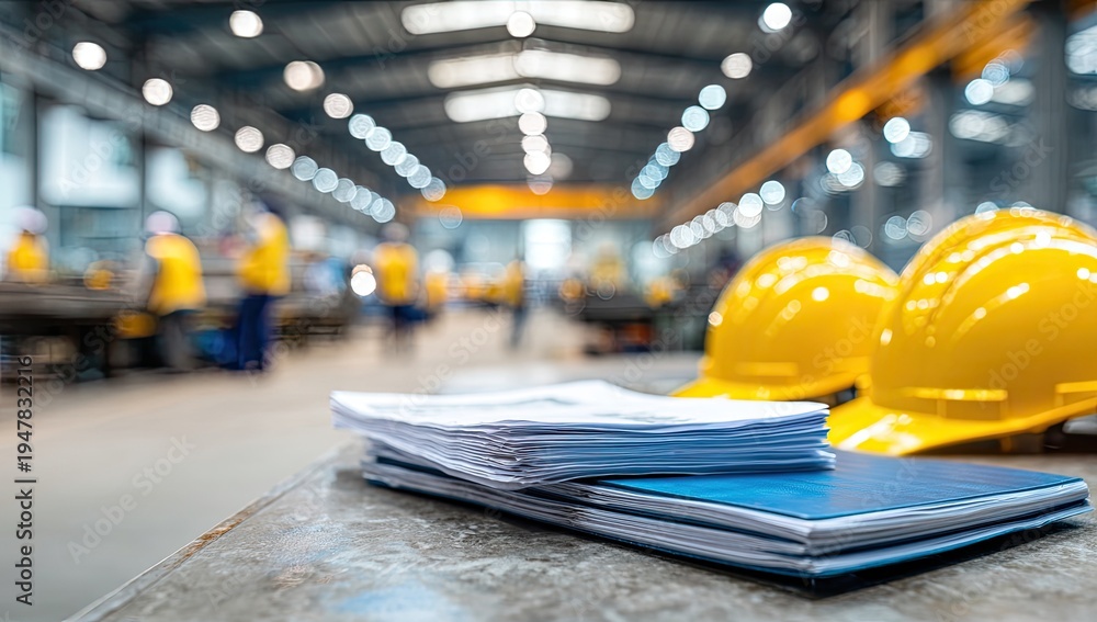 custom made wallpaper toronto digitalIndustrial Factory Interior with Safety Helmets and Documents on Table.