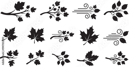 Black Leaf Silhouettes with Wind Symbols on White Background