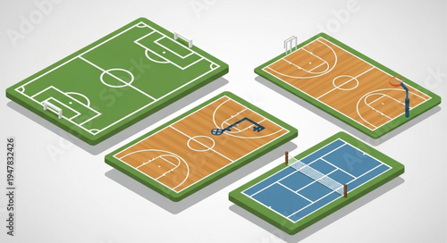 Isometric Sports Fields - Soccer, Basketball, Badminton, Tennis.