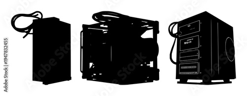 Crypto mining rig set with solid black silhouette on white background high contrast featuring crypto, mining, digital finance with infrastructure and technology