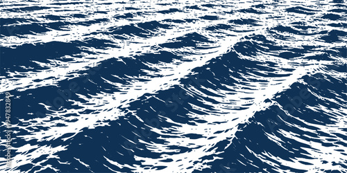 Abstract waves roll across the boundless ocean, creating a mesmerizing pattern of water texture with their gentle crests and deep troughs, evoking a sense of tranquility.