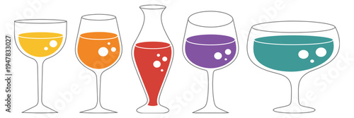 colorful cocktail glass icons set featuring martini flute wine and highball glasses with bubbly drinks, vibrant beverage illustration collection for bar menus, party invitations, summer celebrations, 