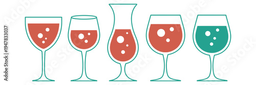 colorful cocktail glass icons set featuring martini flute wine and highball glasses with bubbly drinks, vibrant beverage illustration collection for bar menus, party invitations, summer celebrations, 