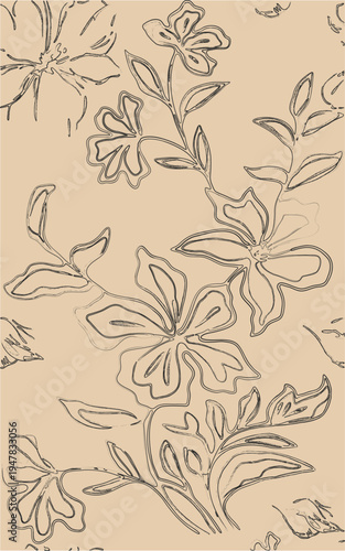 Elegant floral pattern with black line art flowers on beige. This vintage sketch design creates a chic minimalist look ideal for stylish wallpaper fashion textiles or rustic packaging prints.
