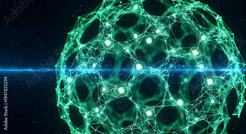 Interactive green digital network sphere with glowing nodes and human hand touching on dark background