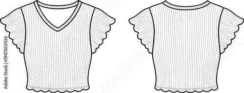 Women ribbed knit top technical drawing, flutter sleeve V neck blouse front and back view fashion template illustration