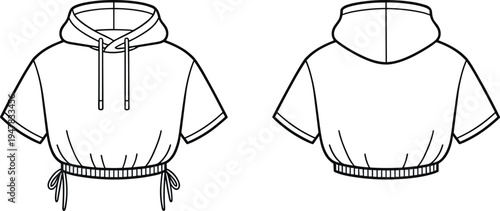 Women cropped hoodie technical drawing, short sleeve hooded sweatshirt front and back view fashion template apparel outline illustration