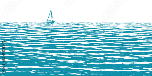 Abstract a small sailboat navigating a vast, blue ocean. The artwork captures the tranquility of open water, freedom. The image is a harmonious fusion of simplicity and depth.