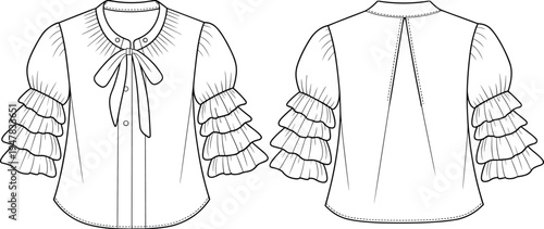 Women blouse technical drawing with bow tie collar and layered ruffle sleeves, front and back view fashion template illustration