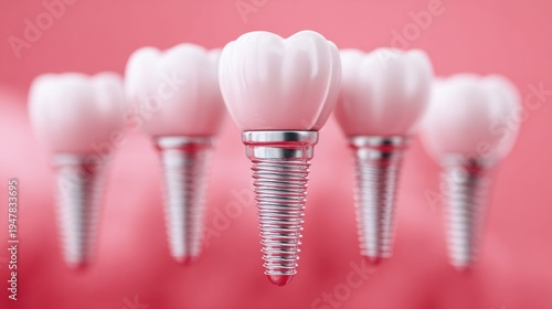 Dental implants on a pink background, a concept for cosmetic dentistry