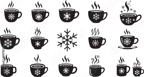 Hot Coffee Cups with Snowflakes Winter Season Icons