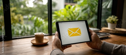 Person holding a tablet displaying an email icon with a cup of coffee on a wooden table near a window.