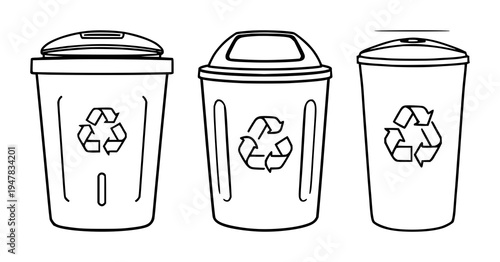 Smart waste bin set with bold lines on a white background featuring smart waste bin, recycling symbol, urban sustainability with bold lines and white background