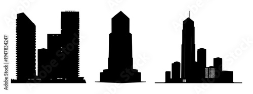 Skyscraper set with solid black silhouette and geometric grid design featuring futuristic, modular, sustainable architecture with urban planning and city skyline